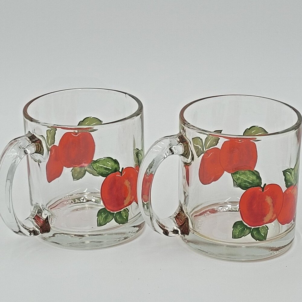 Vintage Libby Glass Harvest Fruit Apple Design Mugs - Set of 2
